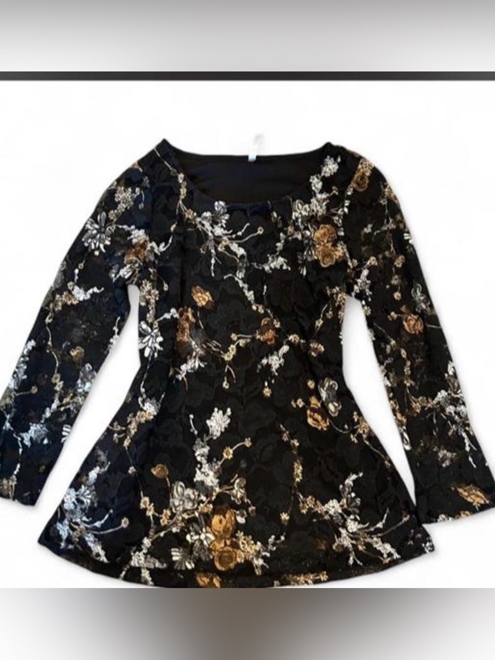 White Stag Black Long-Sleeve Floral Lace Top with Gold & Silver Accents